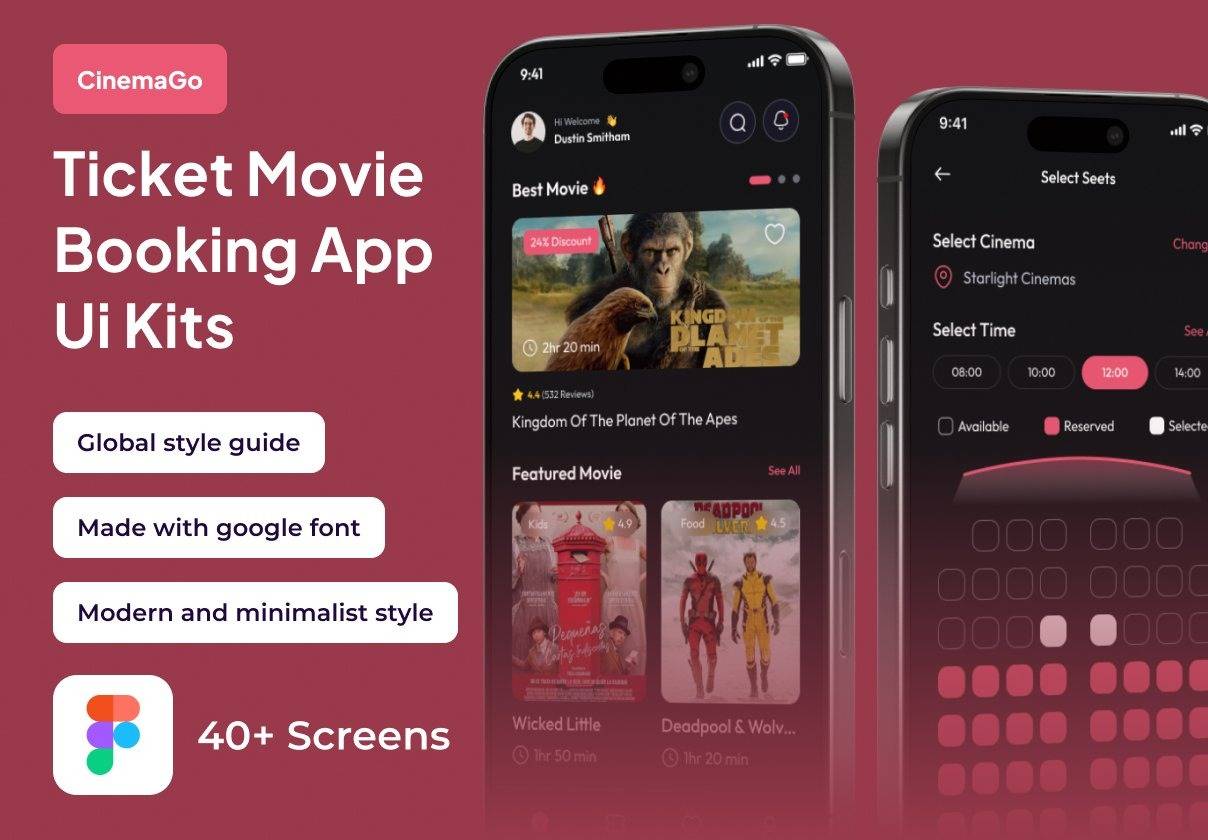 40+屏电影票音乐票在线购买座位预订app ui界面设计figma模板套件CinemaGo - Ticket Movie Booking Premium UI KIts App
