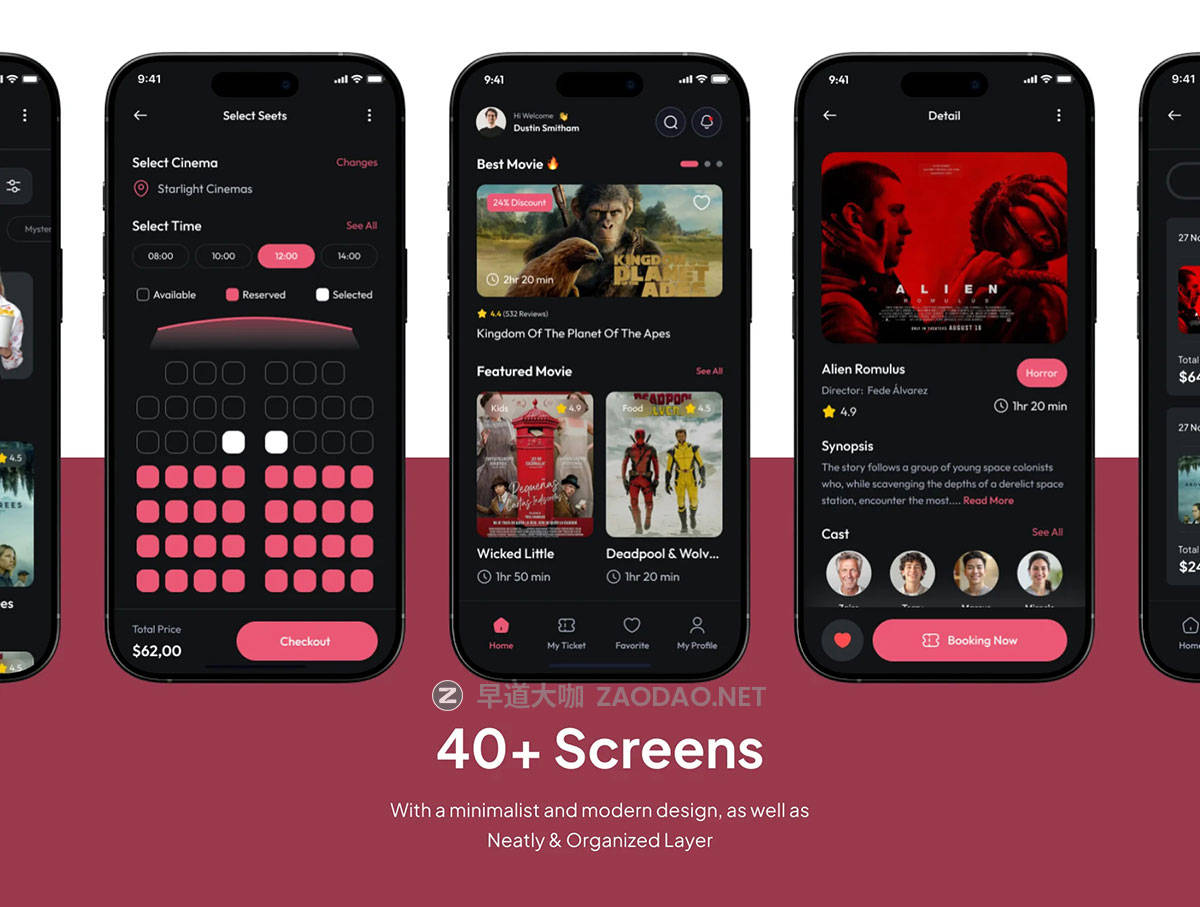 40+屏电影票音乐票在线购买座位预订app ui界面设计figma模板套件CinemaGo - Ticket Movie Booking Premium UI KIts App