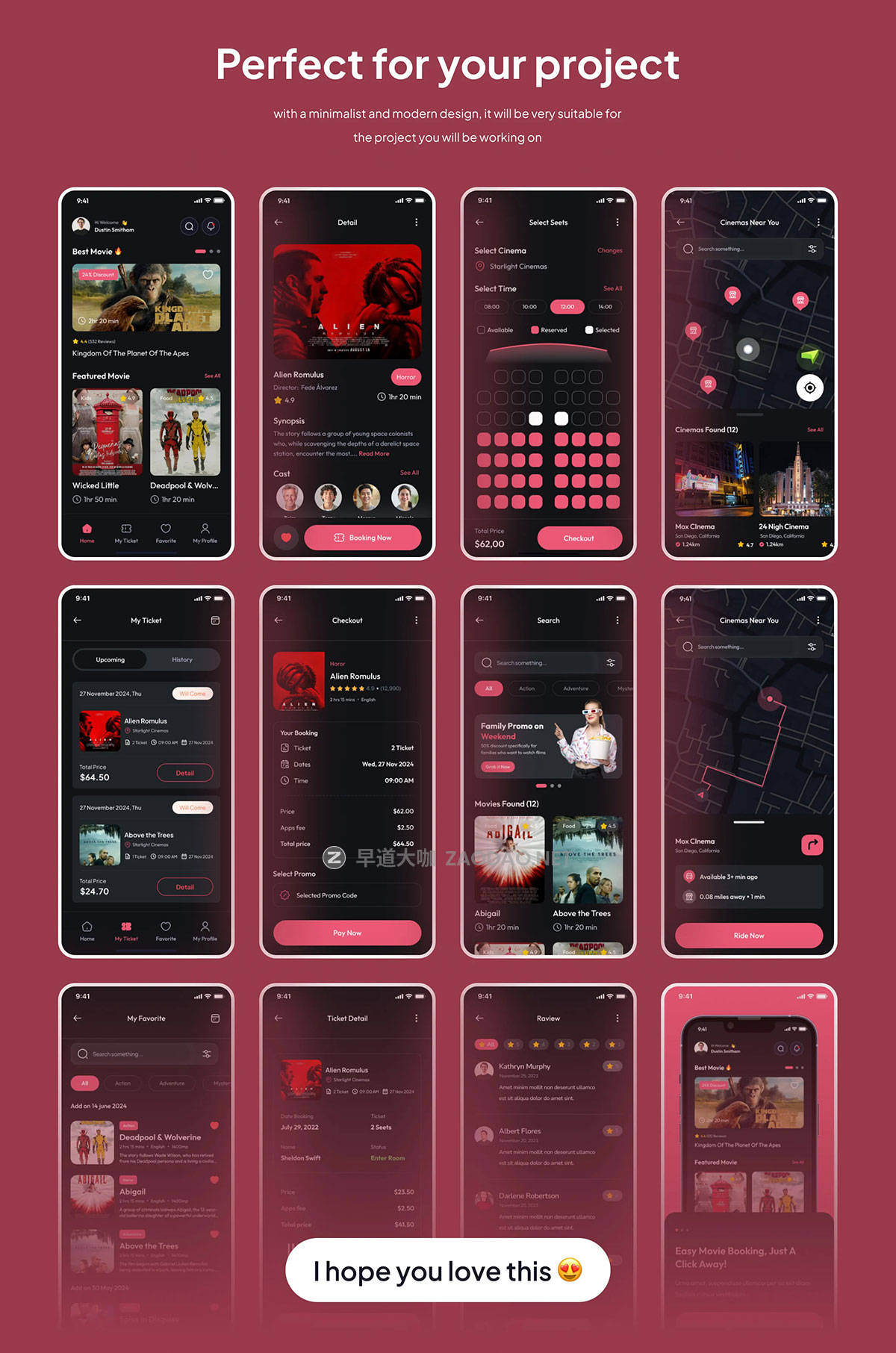 40+屏电影票音乐票在线购买座位预订app ui界面设计figma模板套件CinemaGo - Ticket Movie Booking Premium UI KIts App