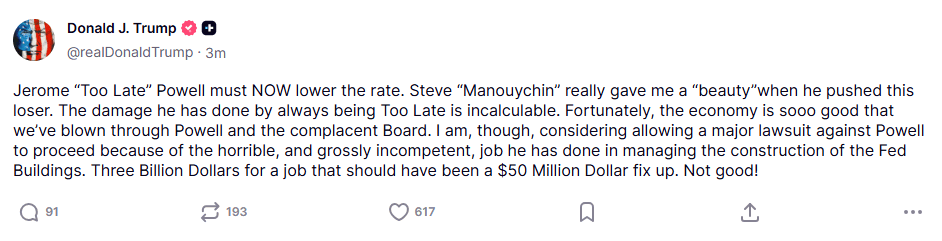 特朗普:正在考虑允许对美联储主席鲍威尔提起重大诉讼