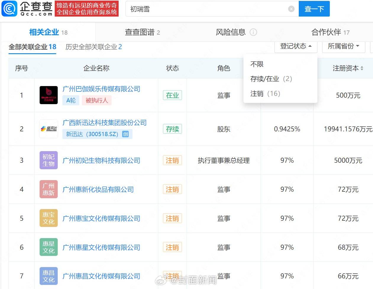 辛巴妻子初瑞雪名下16家公司注销,夫妻持股上市公司